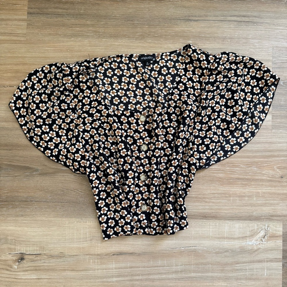 Boho Cottage Core Floral Button Up Blouse Size L